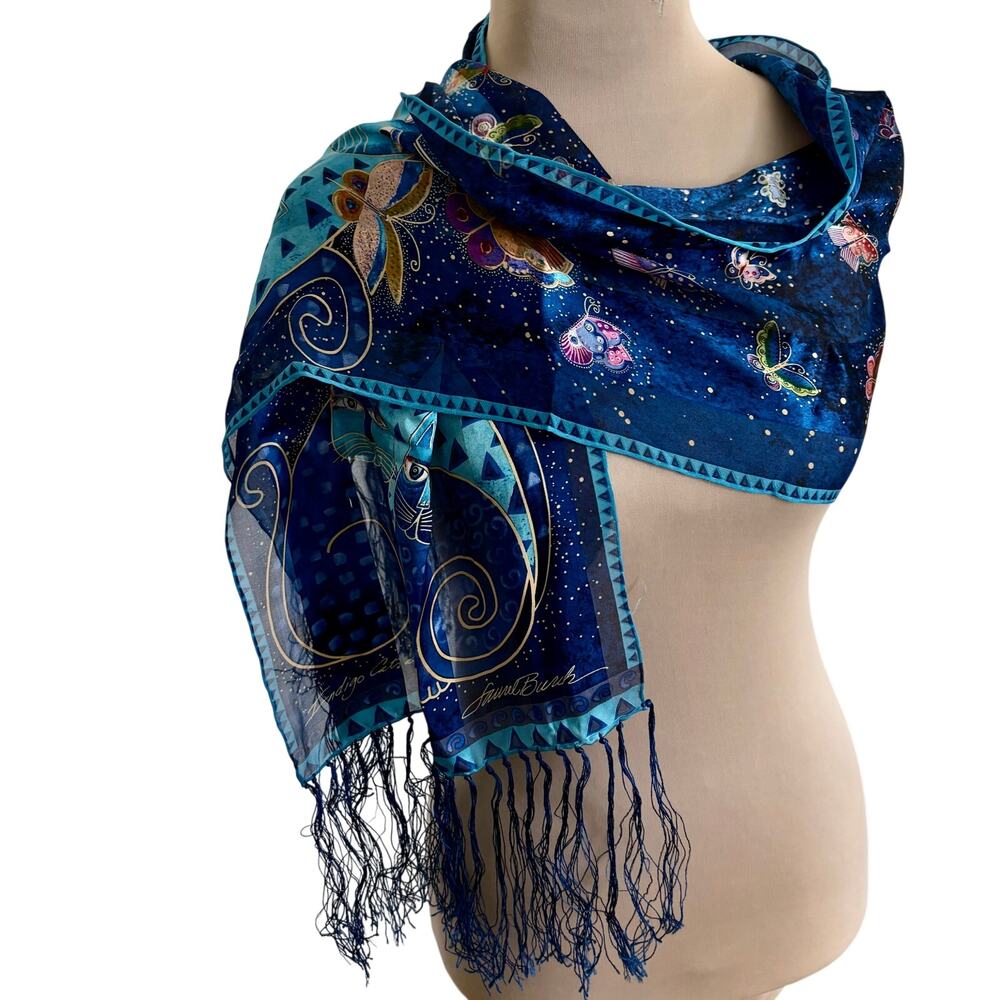 Vintage Laurel Burch 100% Silk Fringed Indigo Butterfly Cat Scarf Rare 54" x 12"